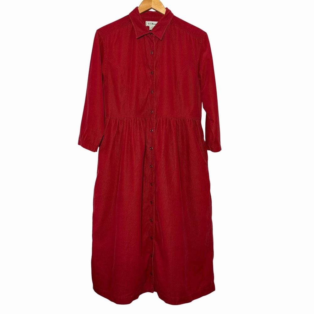 L.L. Bean Womens Corduroy Shirt Dress 12 Red Button Front Midi Pockets Cottage